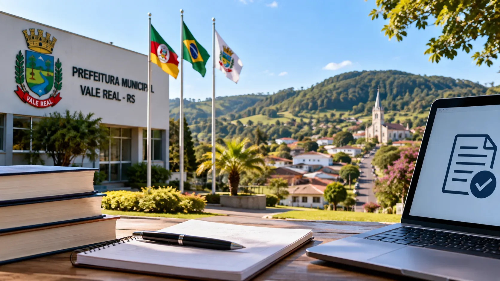 Mesa com livros, caderno e notebook diante da Prefeitura de Vale Real, com bandeiras e a paisagem urbana e serrana ao fundo.
