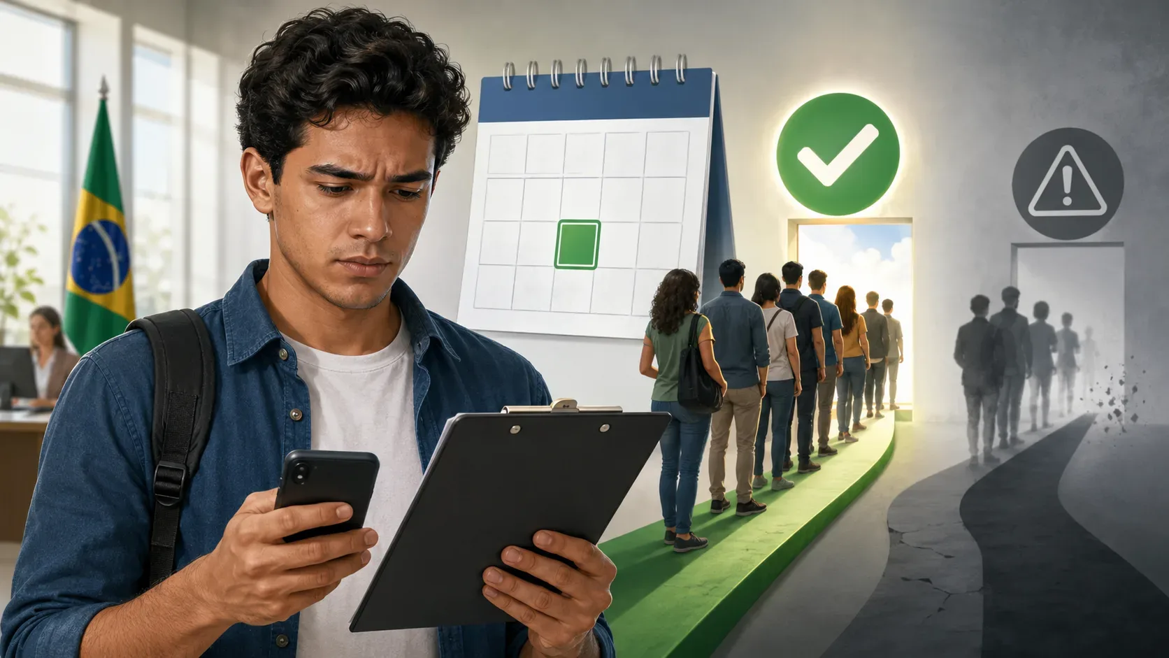 Candidato consulta celular e prancheta diante de calendário, fila de espera e caminhos que simbolizam permanência ou eliminação no concurso.