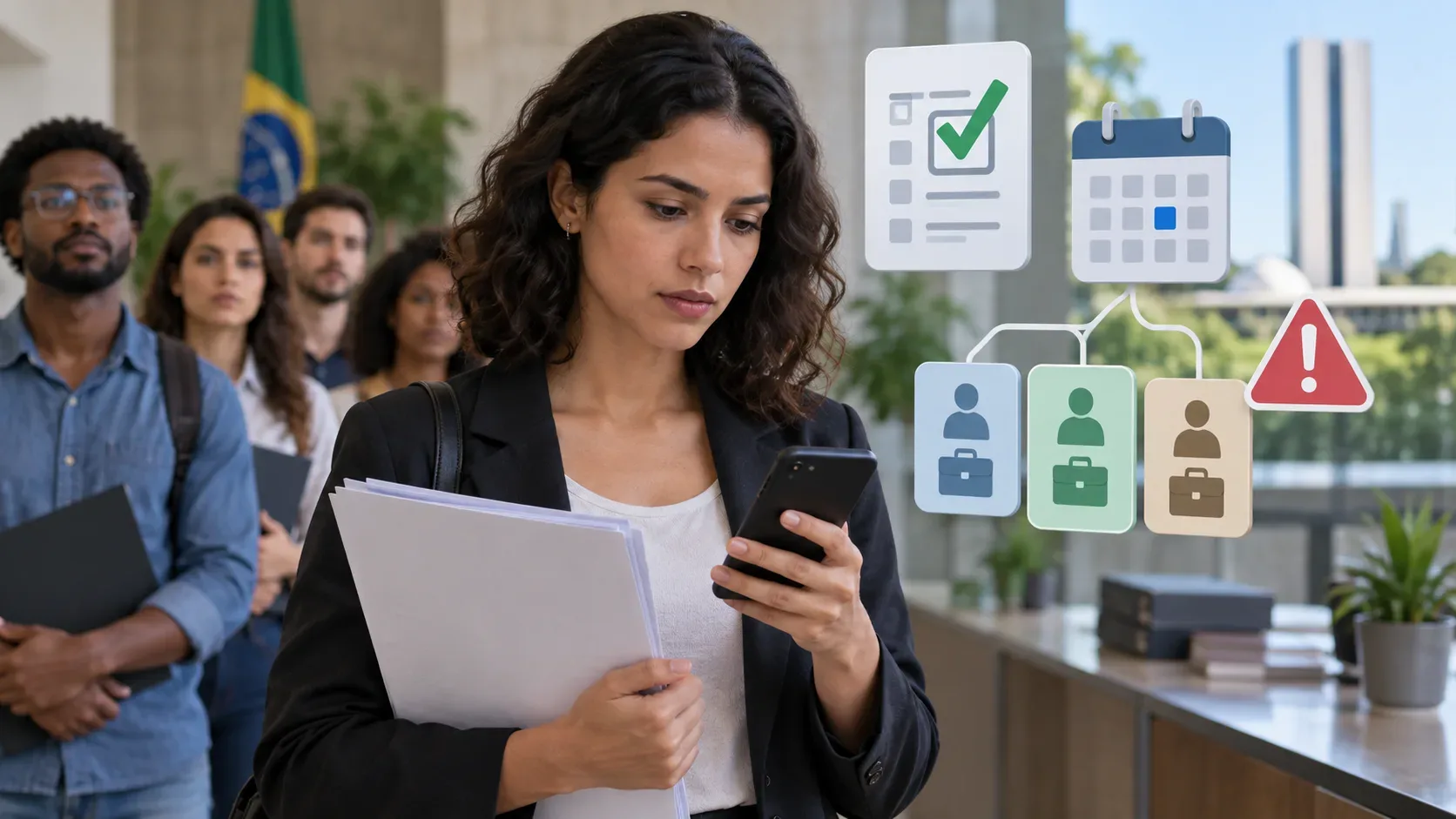 Candidata consulta o celular com documentos em mãos, diante de uma fila de candidatos e ícones de confirmação, calendário, opções de cargo e alerta.