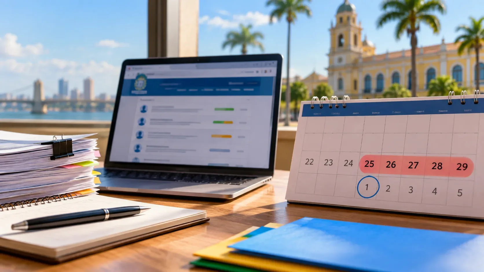 Mesa de trabalho com notebook, documentos e calendário destacando 25 a 29 de setembro e 1º de outubro, com paisagem urbana ao fundo.