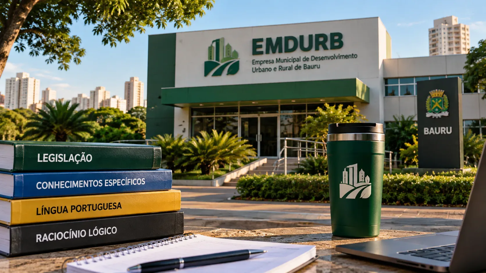 Sede estilizada da EMDURB em Bauru ao fundo, com livros de estudo, caderno, notebook e copo térmico em primeiro plano.
