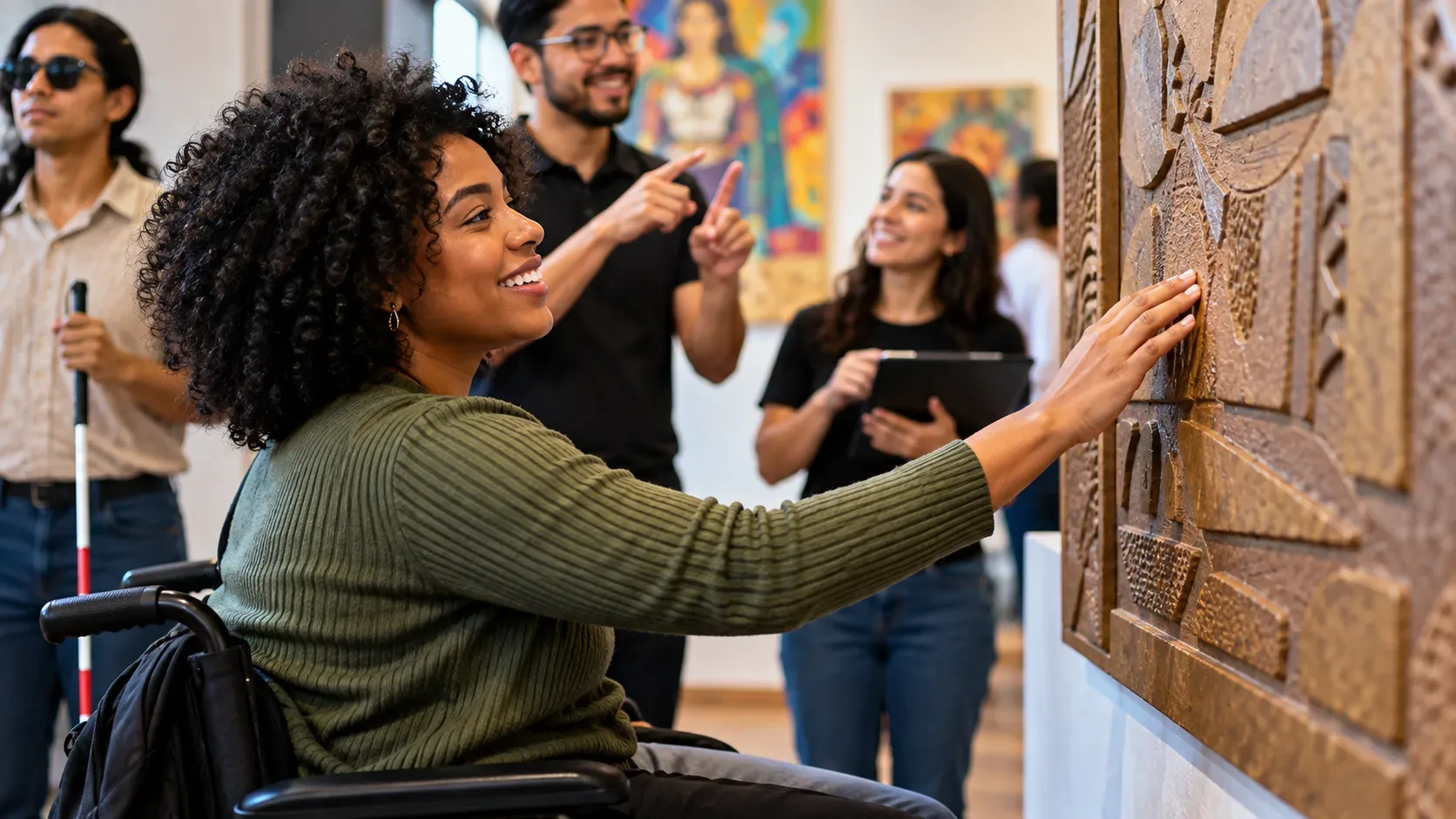 Em galeria acessível, mulher em cadeira de rodas toca relevo artístico, enquanto outras pessoas participam da visita, incluindo intérprete de Libras e visitante com bengala.