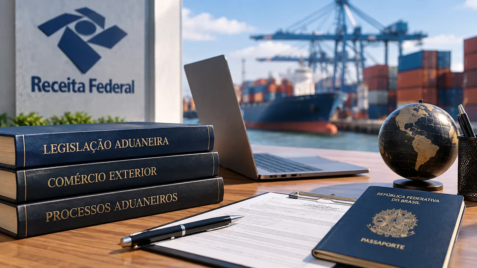 Mesa de trabalho ligada ao despacho aduaneiro, com livros de legislação, notebook, globo e passaporte diante de um porto de contêineres.