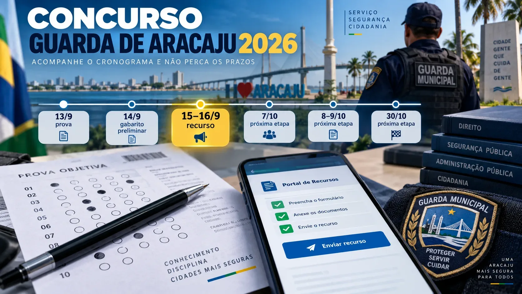 Composição sobre o concurso da Guarda de Aracaju, com folha de prova, celular exibindo portal de recursos, linha do tempo de datas e agente da guarda ao fundo.