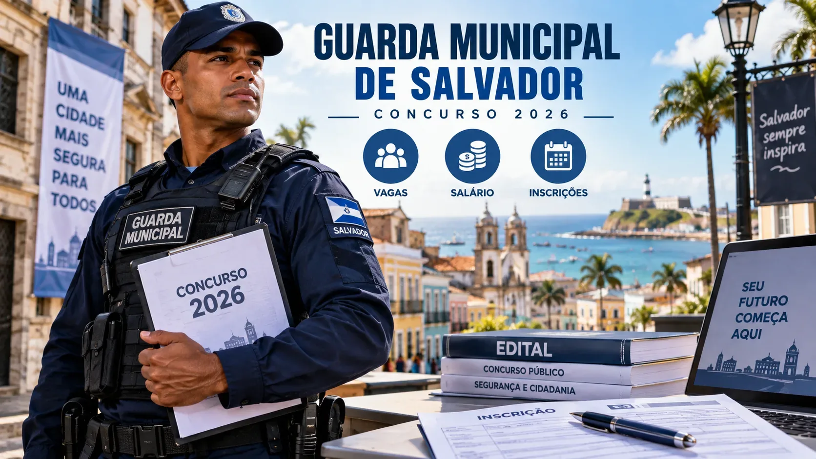 Guarda municipal uniformizado em Salvador segura material de concurso, com Centro Histórico ao fundo, documentos de edital e elementos de inscrição sobre uma mesa.
