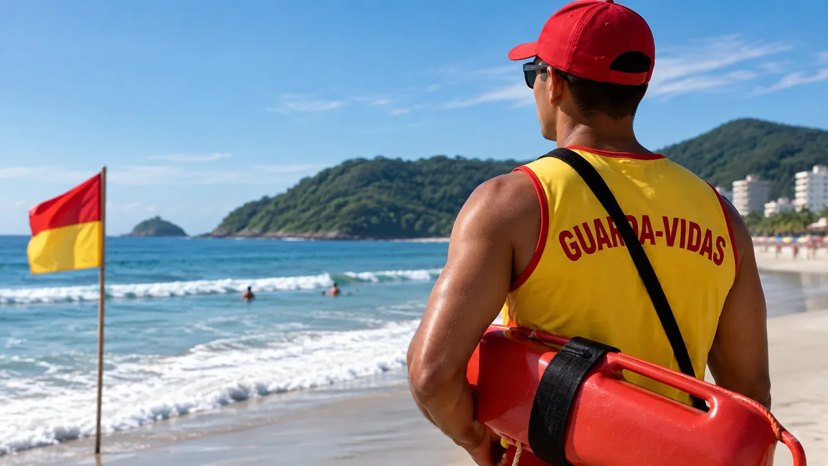 Guarda-vidas em uma praia ensolarada, de costas para o mar, usando colete amarelo, boné vermelho e boia de resgate vermelha, com bandeira de sinalização ao lado.