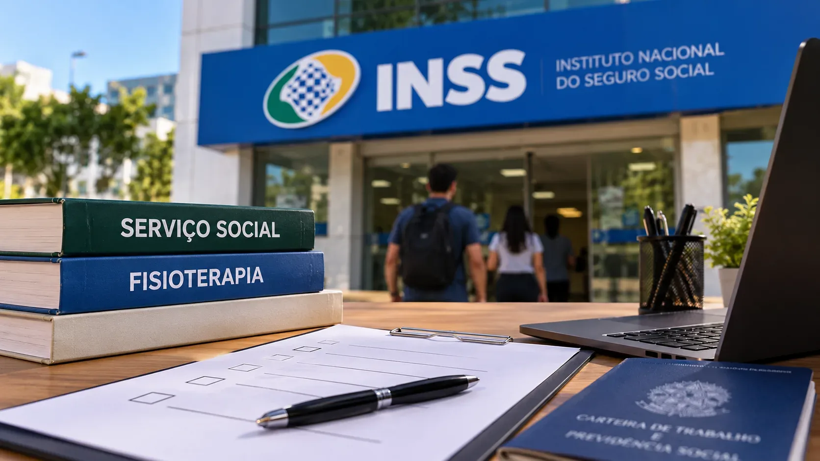 Fachada do INSS ao fundo, com pessoas entrando, livros de Serviço Social e Fisioterapia, formulário, caneta e notebook em primeiro plano.