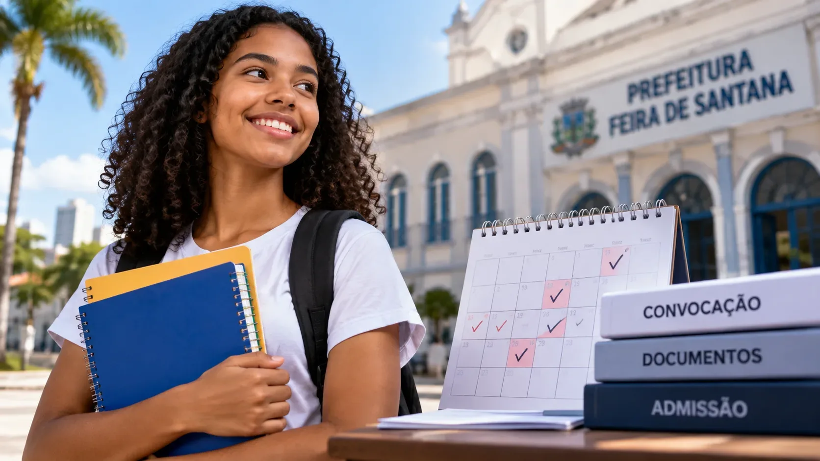 Jovem com cadernos diante de prédio municipal, ao lado de calendário e pastas identificadas como convocação, documentos e admissão.