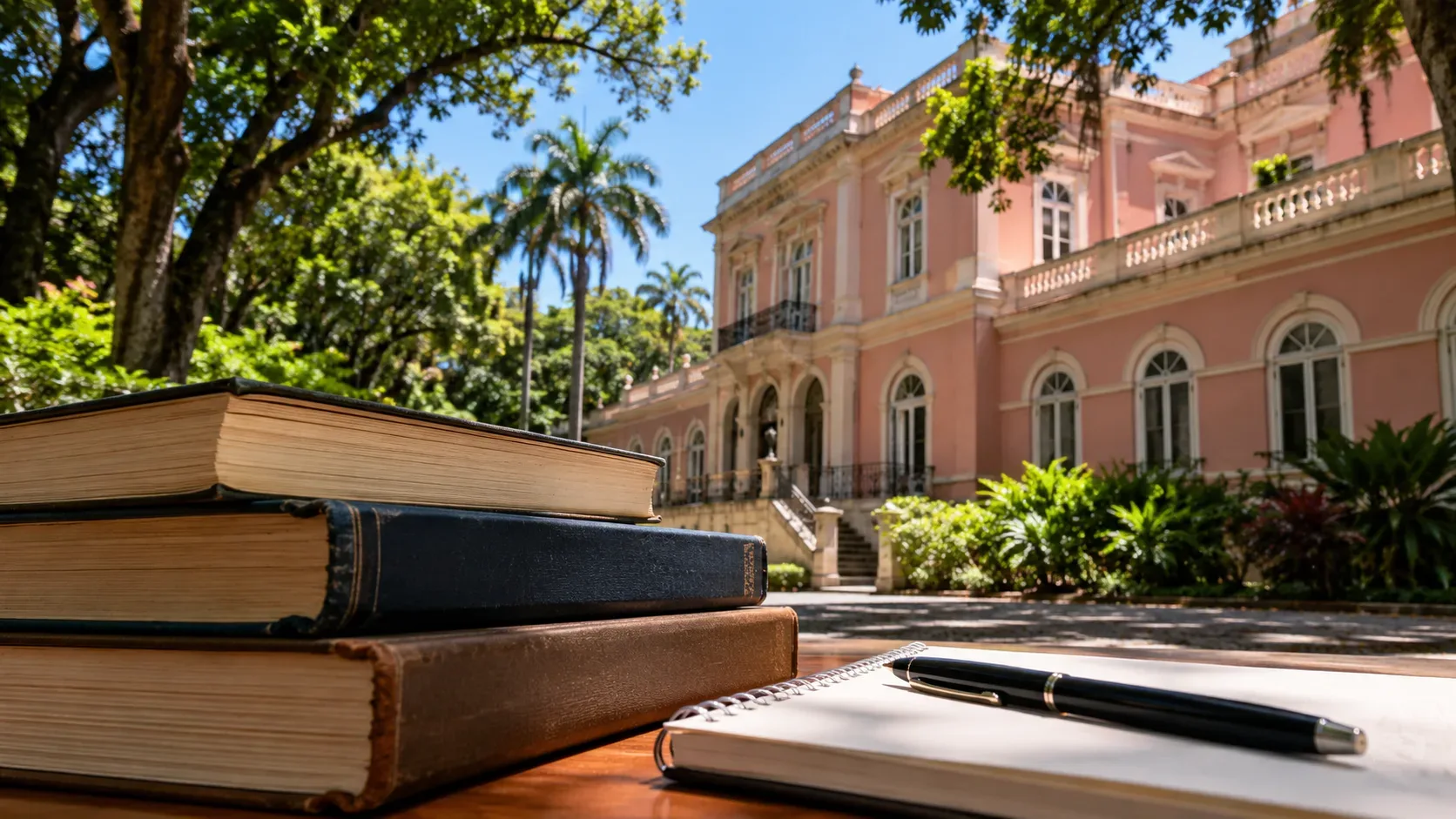 Livros antigos empilhados e caderno com caneta diante de edifício histórico rosado cercado por jardins e árvores.