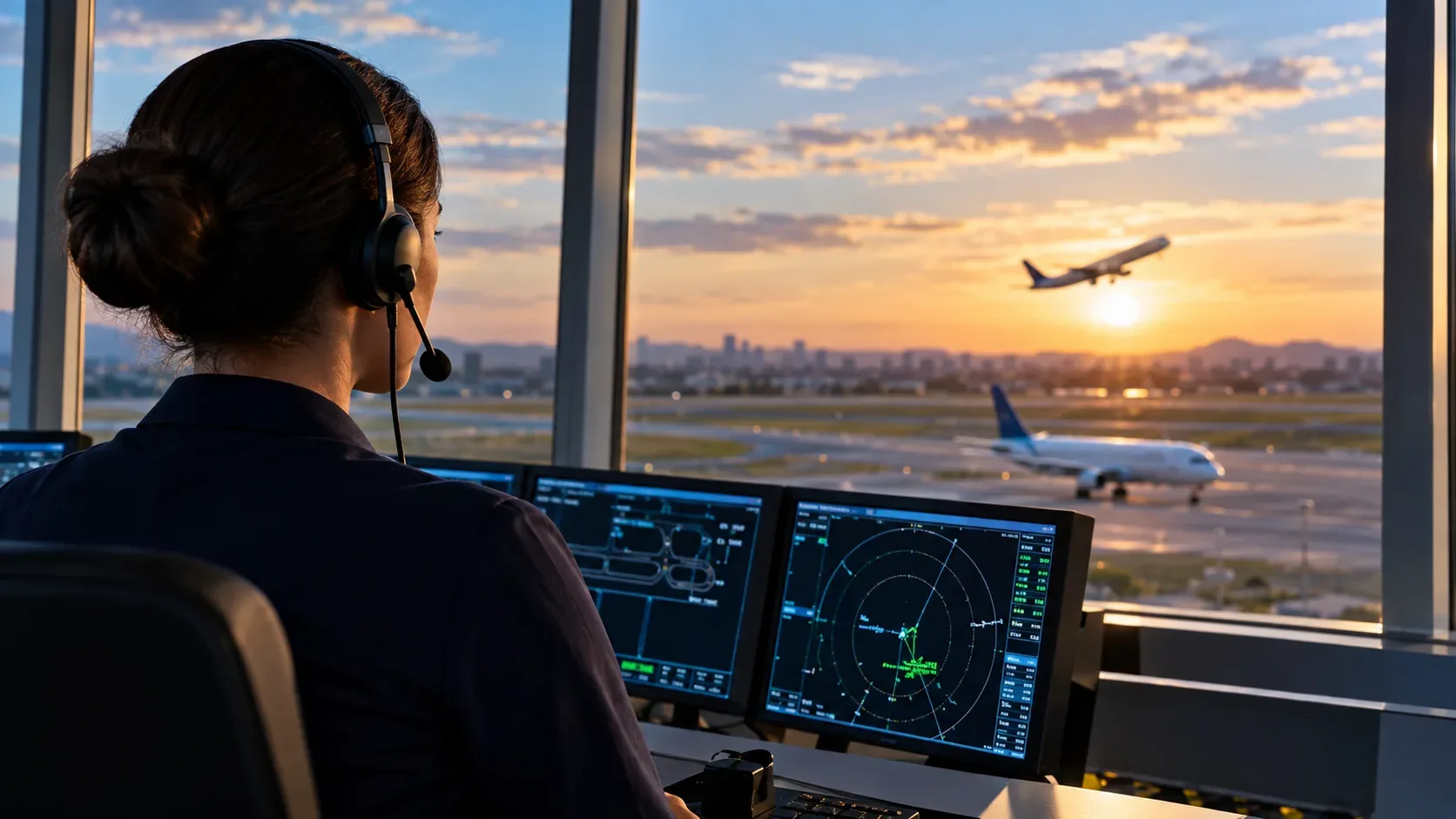Profissional de controle aéreo diante de monitores de radar em uma torre, com aviões na pista e no céu ao entardecer.