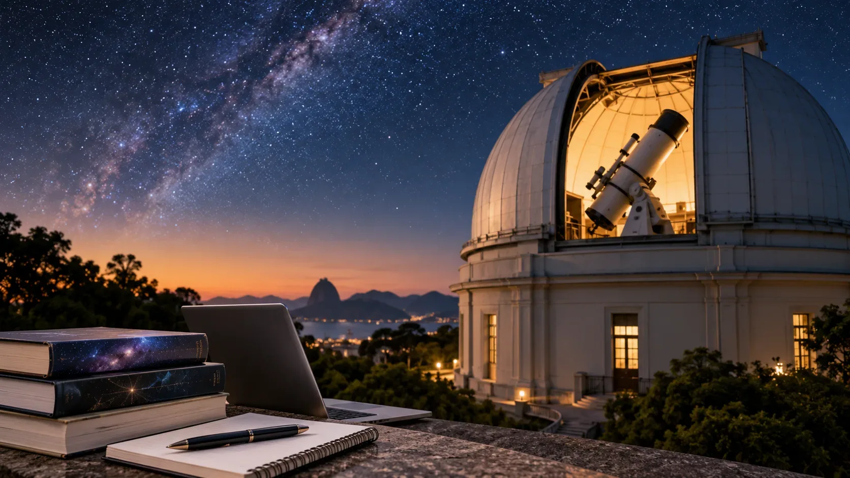 Cúpula de observatório com telescópio apontado para o céu estrelado, com livros, caderno e notebook em primeiro plano.