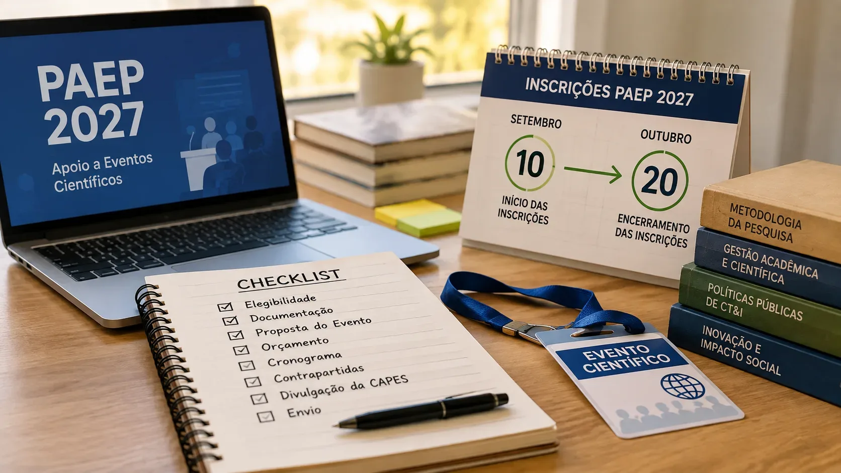 Mesa de trabalho acadêmico com notebook exibindo PAEP 2027, calendário marcando 10 de setembro a 20 de outubro, caderno de checklist, crachá de evento científico e livros.