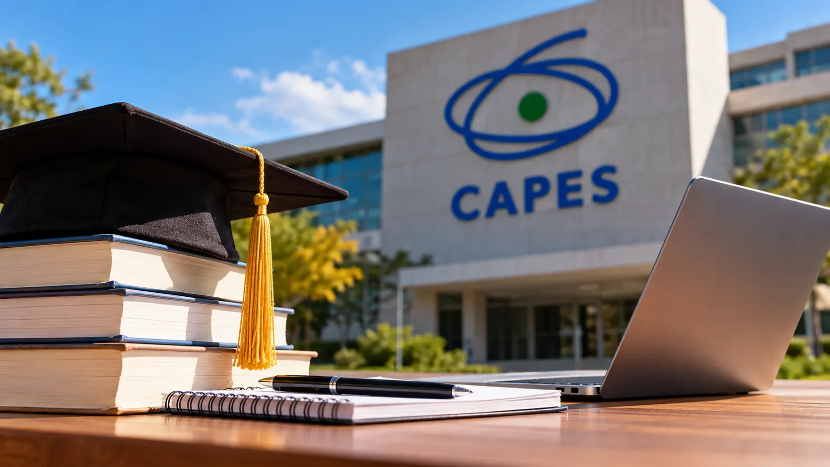 Livros empilhados com capelo, caderno, caneta e notebook diante de um edifício com o nome e o símbolo da CAPES.