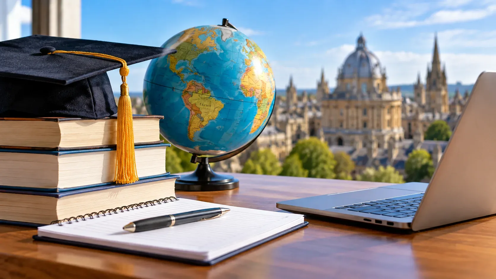 Mesa de estudos com livros, capelo, globo terrestre, caderno e notebook diante de vista de edifícios universitários.
