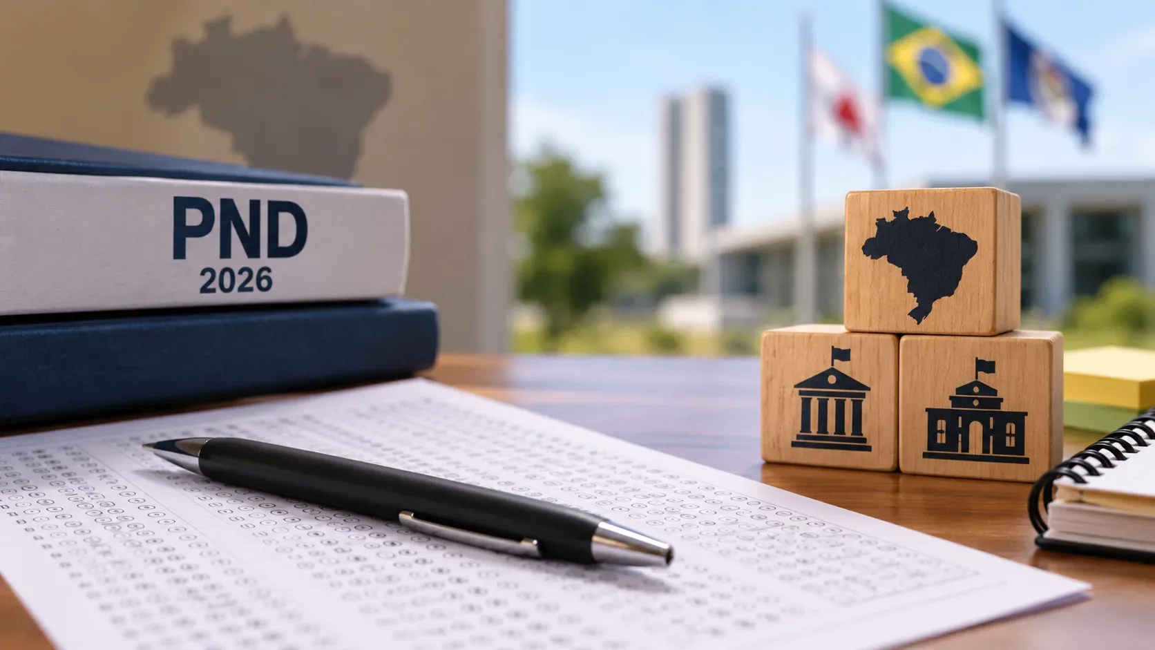 Mesa de estudos com folha de respostas, caneta, livros sobre a PND 2026, blocos com símbolos do Brasil e de órgãos públicos e bandeira brasileira ao fundo.