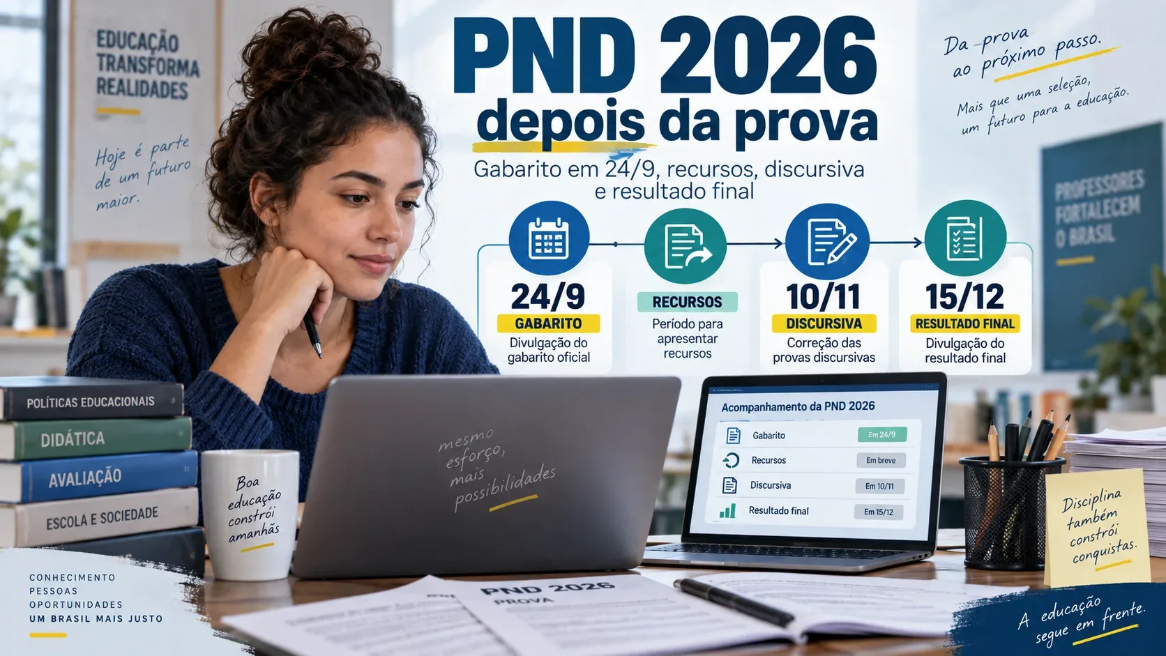 Candidata diante de notebooks e materiais de estudo, ao lado de uma linha do tempo da PND 2026 com gabarito, recursos, discursiva e resultado final.