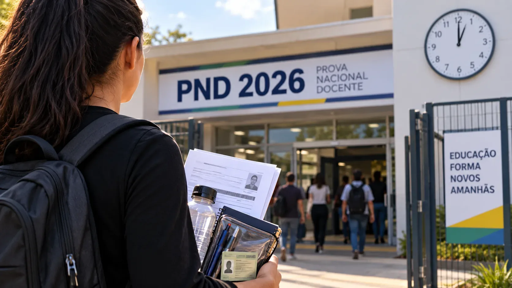 Participante com mochila e materiais de prova se aproxima da entrada de um local da PND, com relógio visível ao fundo.