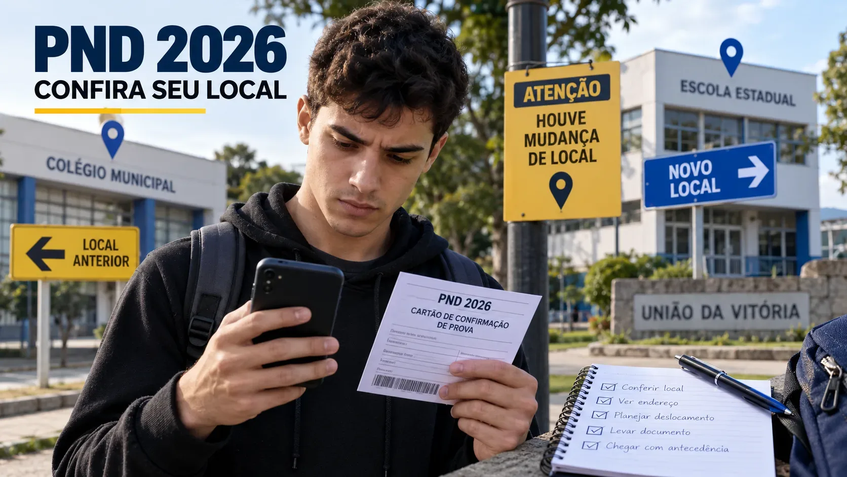 Candidato confere celular e cartão da PND 2026 diante de escolas e placas que indicam mudança de local em União da Vitória.