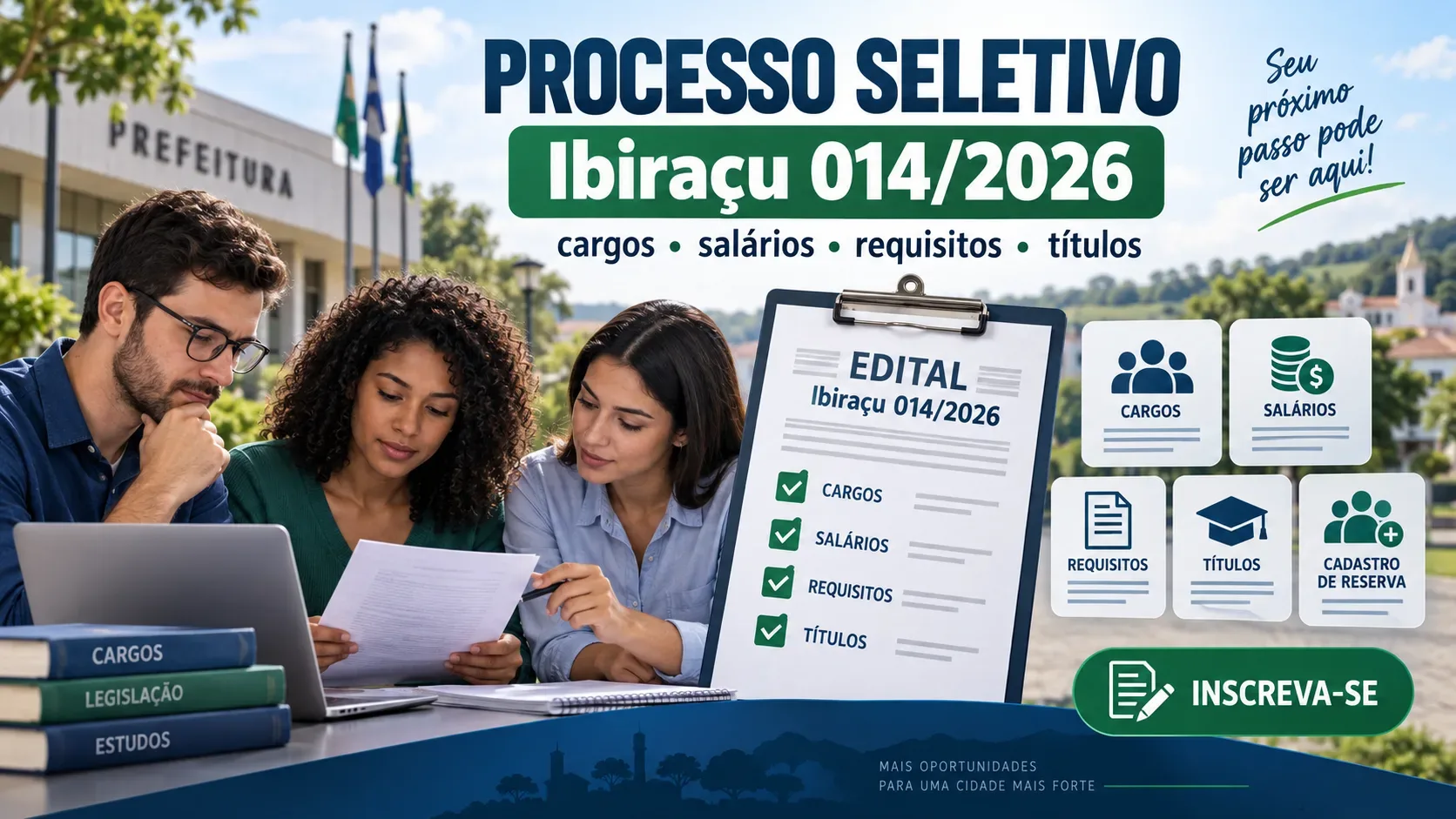 Três candidatos analisam documentos ao lado de uma prancheta com checklist de cargos, salários, requisitos e títulos, diante de um prédio público.