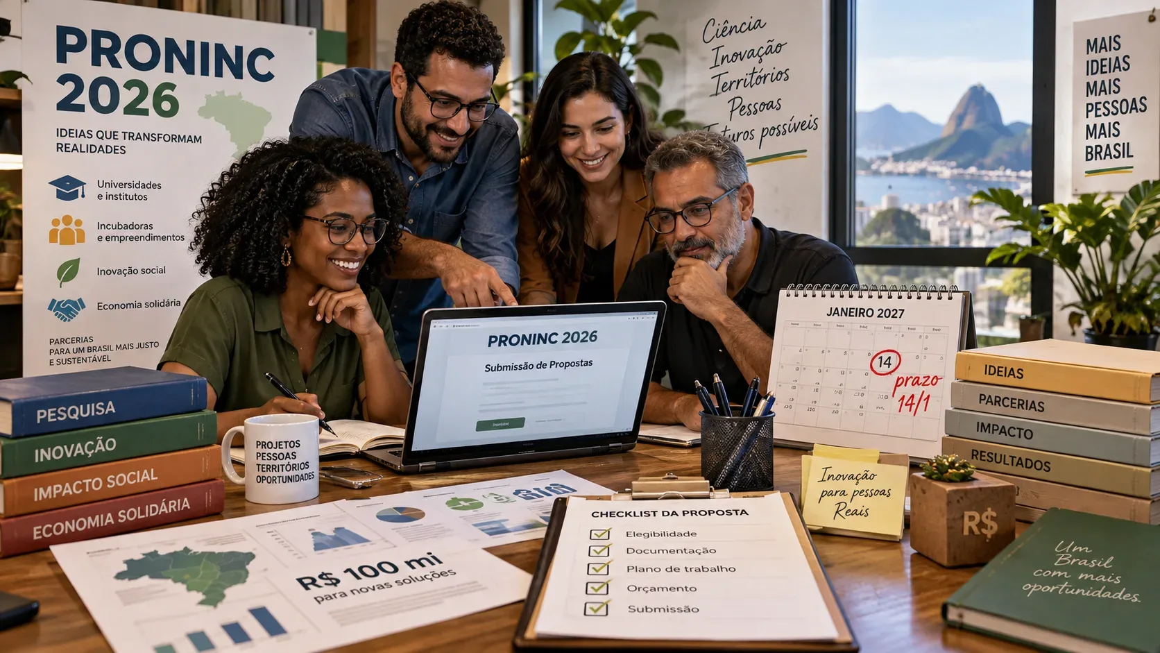 Equipe diversa reunida ao redor de um notebook com materiais de planejamento, cartaz do PRONINC 2026, calendário de janeiro de 2027 e checklist de proposta sobre a mesa.
