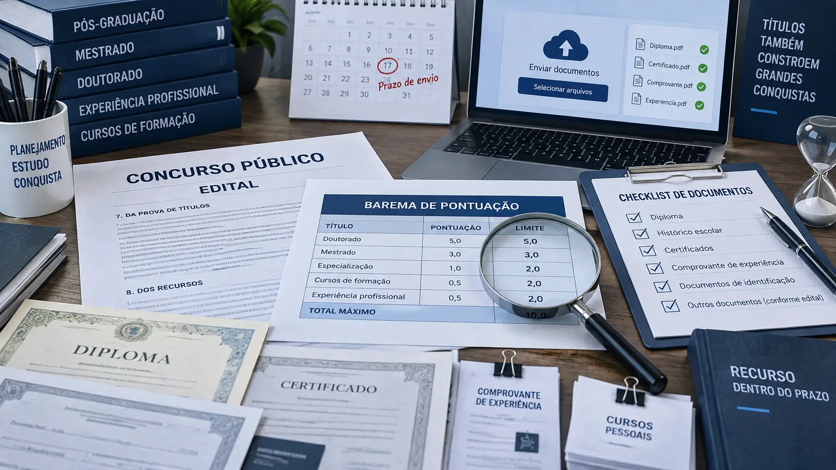 Mesa de estudo organizada com edital de concurso, barema de pontuação, diplomas, certificados, checklist de documentos, calendário de prazo e notebook para envio de arquivos.