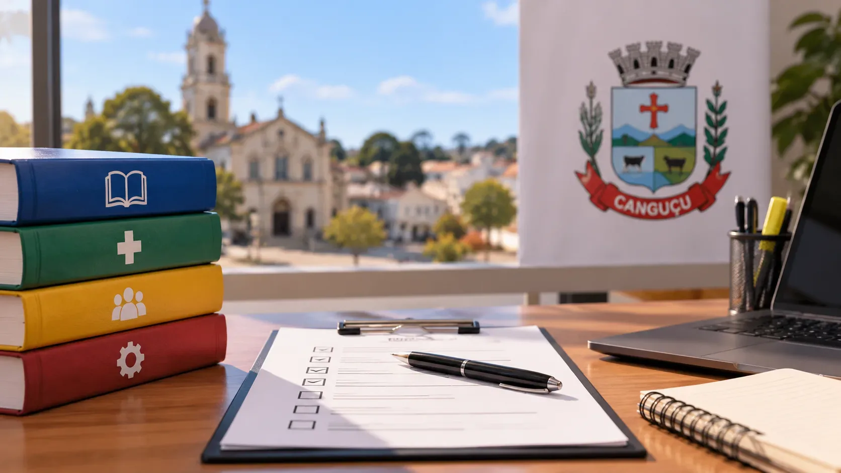 Mesa de estudo com livros coloridos, prancheta, caneta e laptop diante de uma paisagem urbana de Canguçu, com brasão municipal ao fundo.