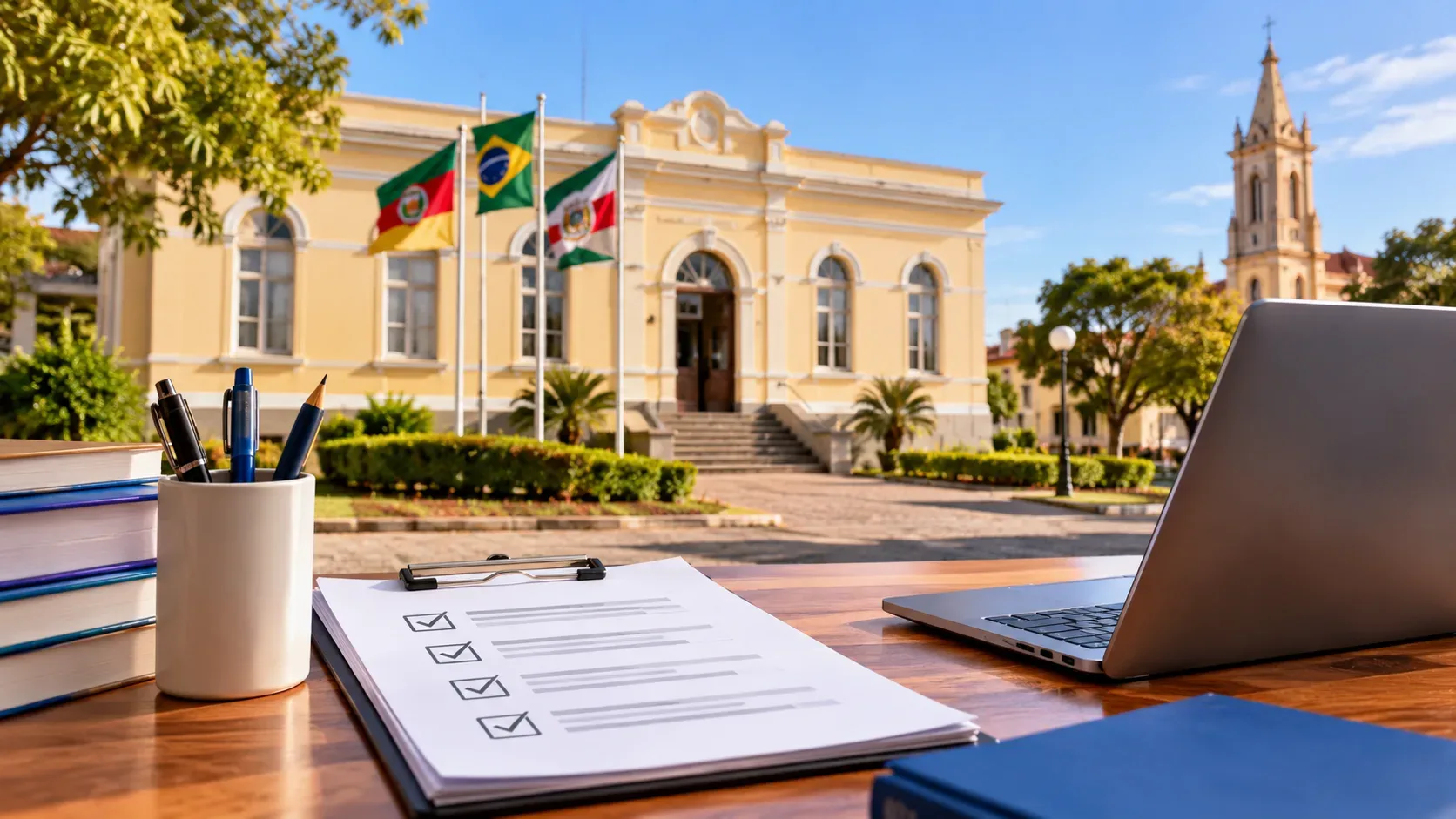 Mesa com laptop, prancheta de inscrição, livros e pasta azul diante de prédio público com bandeiras e torre de igreja ao fundo.