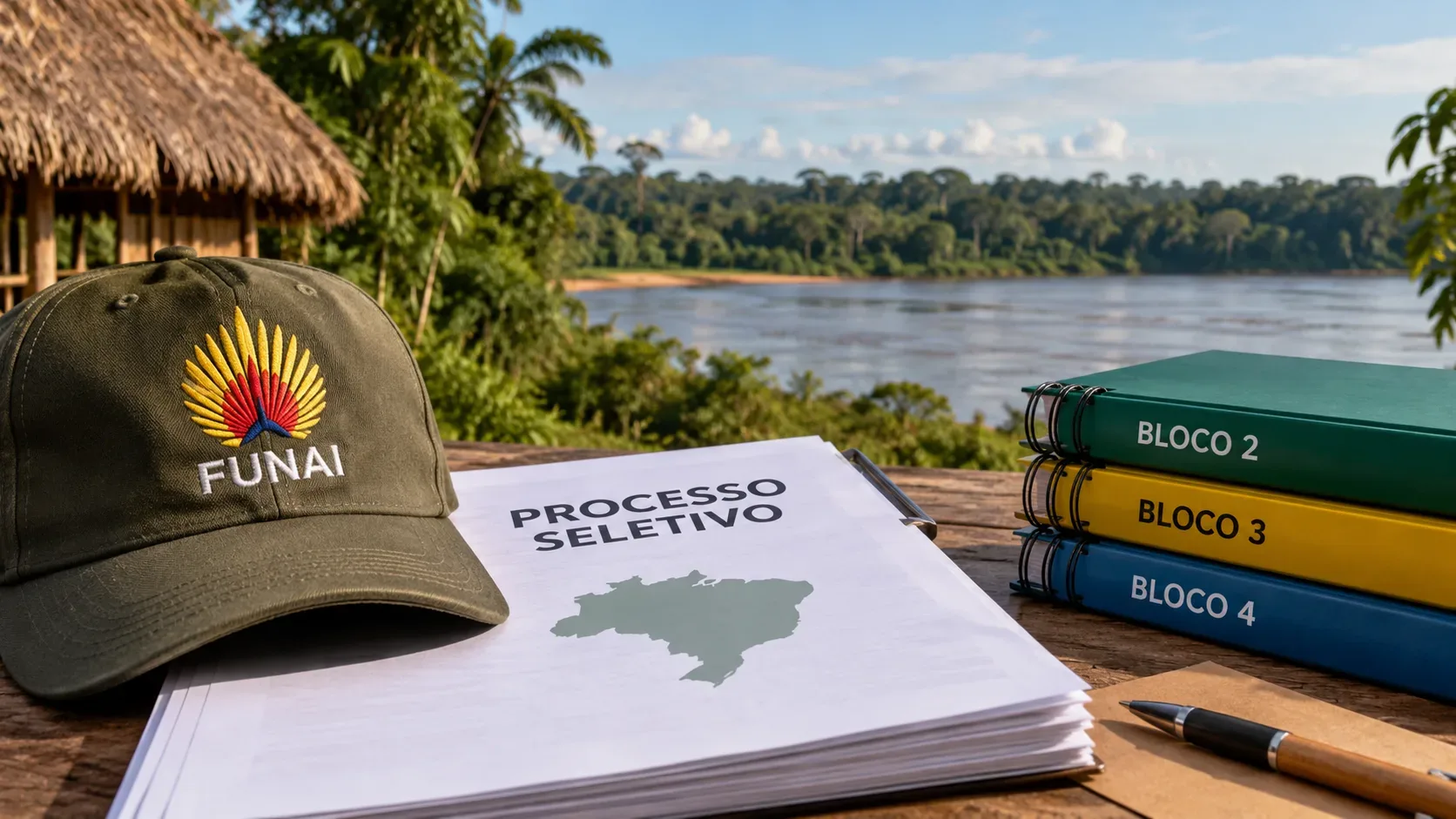 Boné da Funai, documentos de processo seletivo e cadernos identificados como Bloco 2, Bloco 3 e Bloco 4 sobre mesa de madeira diante de rio e floresta.