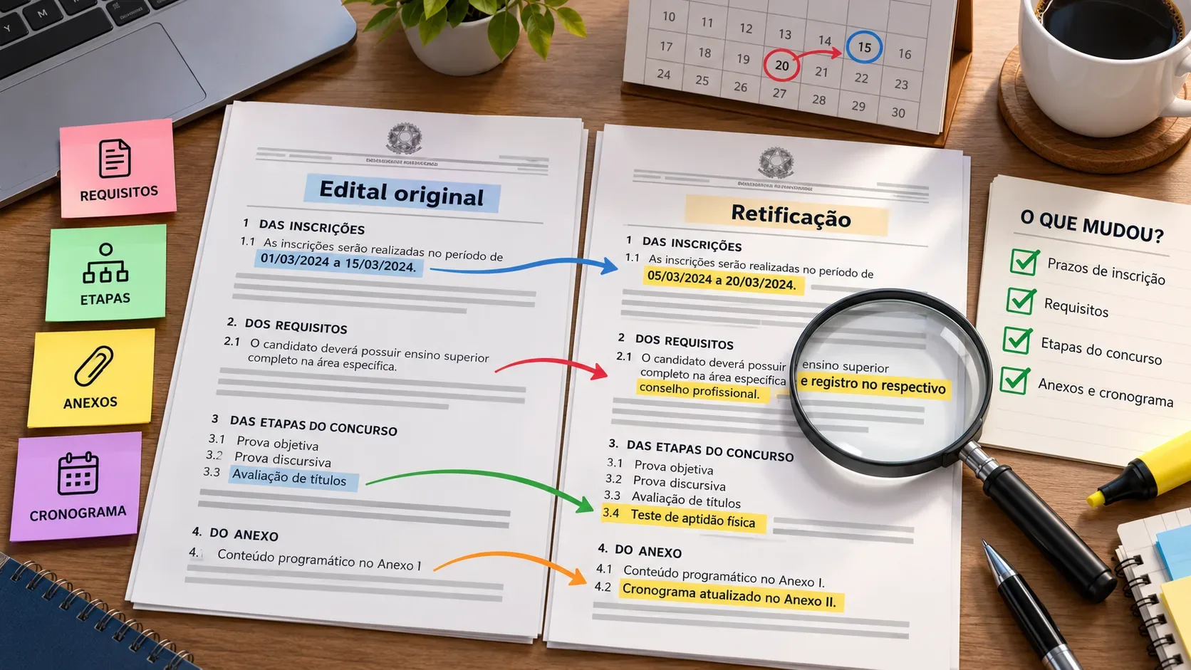 Mesa com edital original e retificação lado a lado, trechos destacados, setas de comparação, lupa, calendário e checklist de mudanças.