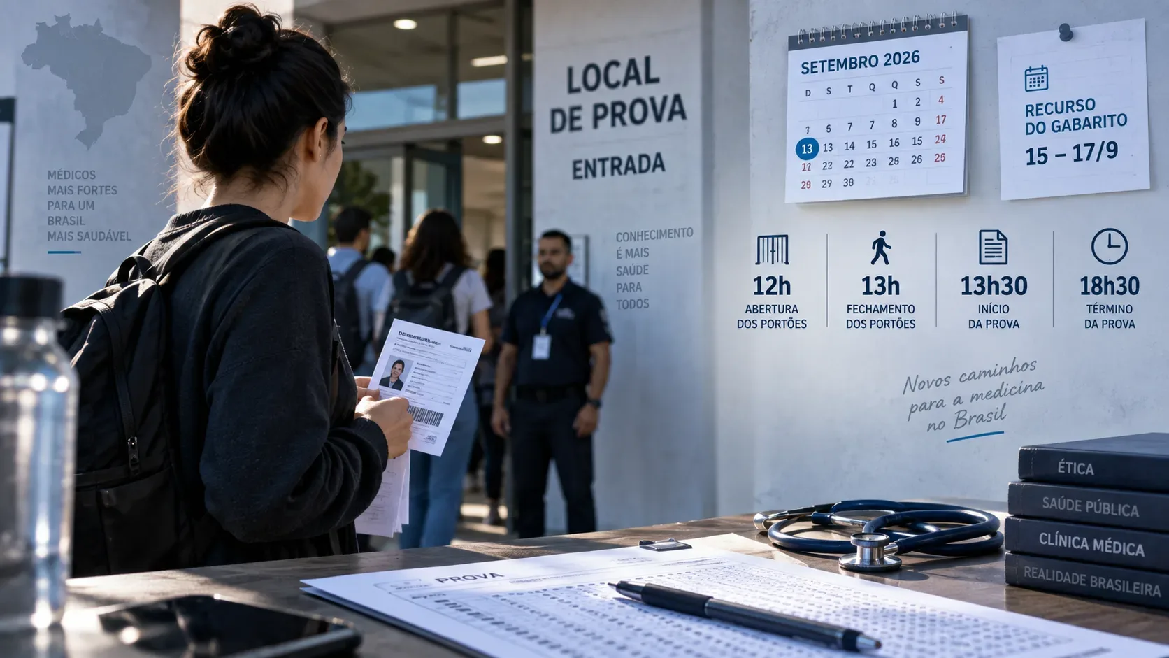Candidata diante da entrada de um local de prova, com documento em mãos, calendário de setembro de 2026, painel de horários, folha de respostas e estetoscópio.