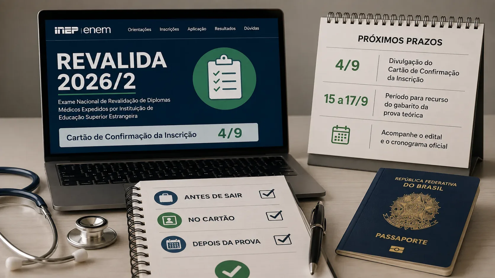 Laptop com tela do Revalida 2026/2, calendário de prazos, checklist, estetoscópio e passaporte sobre uma mesa.