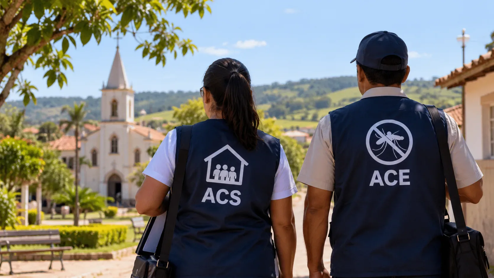 Dois agentes de saúde vistos de costas, com coletes identificando ACS e ACE, caminhando por uma cidade pequena com igreja e colinas verdes ao fundo.