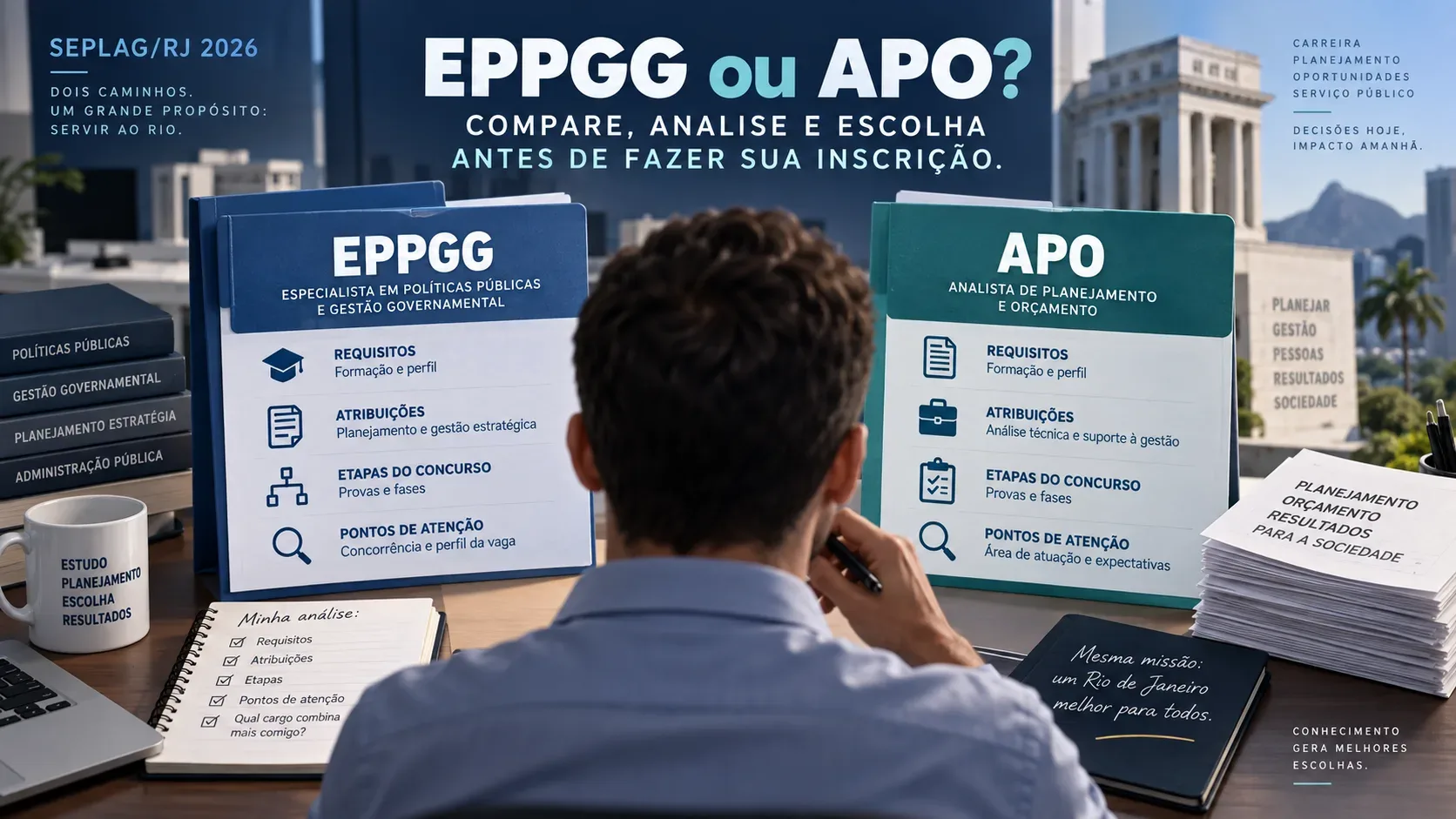 Candidato visto de costas compara dois painéis identificados como EPPGG e APO em uma mesa de estudos, com materiais de planejamento público e cenário institucional do Rio de Janeiro ao fundo.