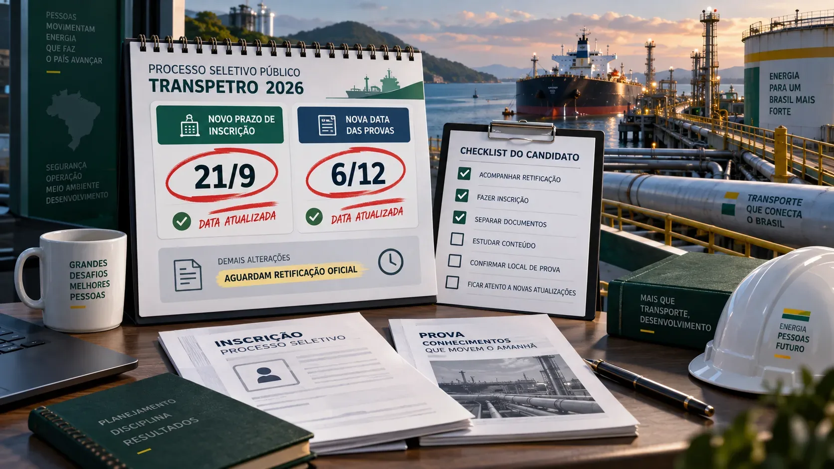 Calendário do processo seletivo Transpetro 2026 com as datas 21/9 e 6/12 destacadas, checklist do candidato e terminal portuário ao fundo.