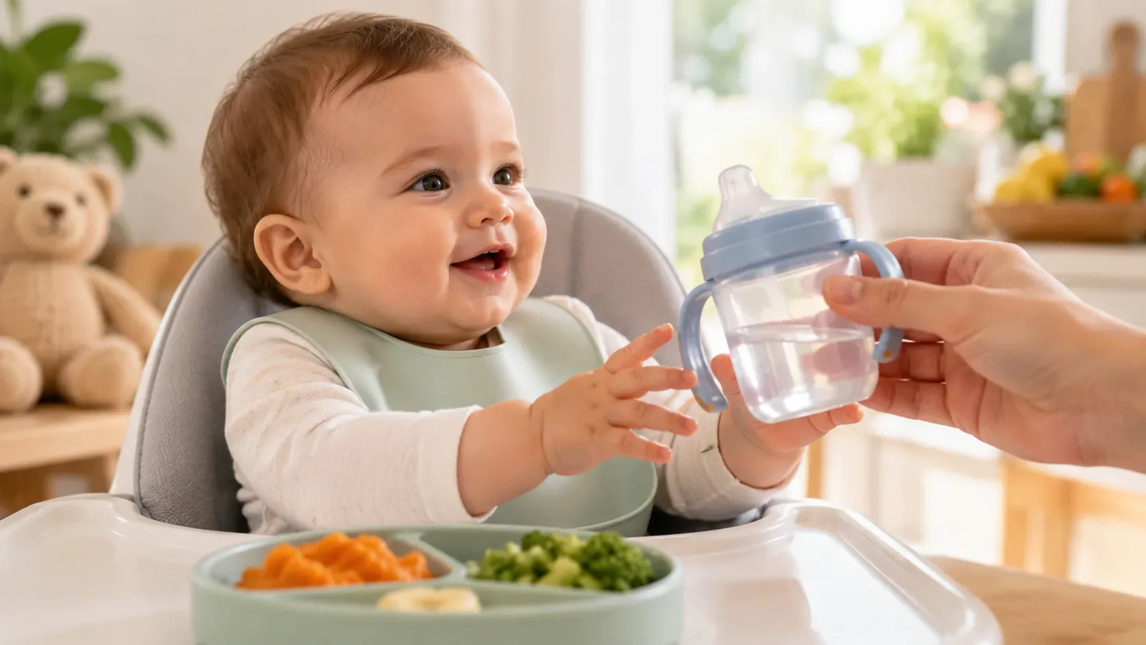 Bebê sentado no cadeirão alcança um copo com água oferecido por um adulto, com pequenas porções de alimentos à frente.