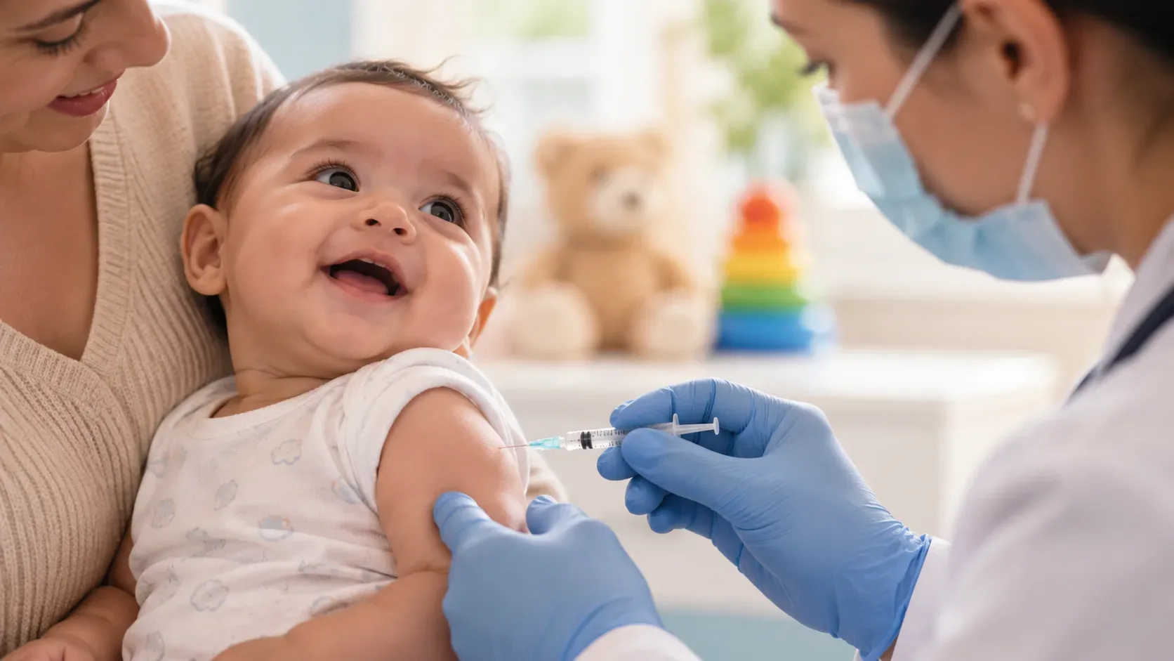 Bebê no colo de uma cuidadora sorri enquanto uma profissional de saúde prepara uma vacina junto ao braço da criança.