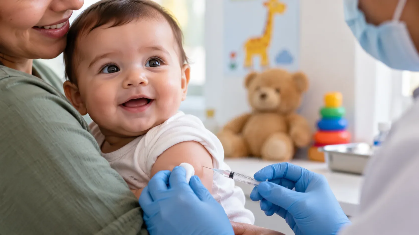Bebê sorridente no colo de uma responsável enquanto profissional de saúde prepara a aplicação de vacina no braço em ambiente pediátrico.