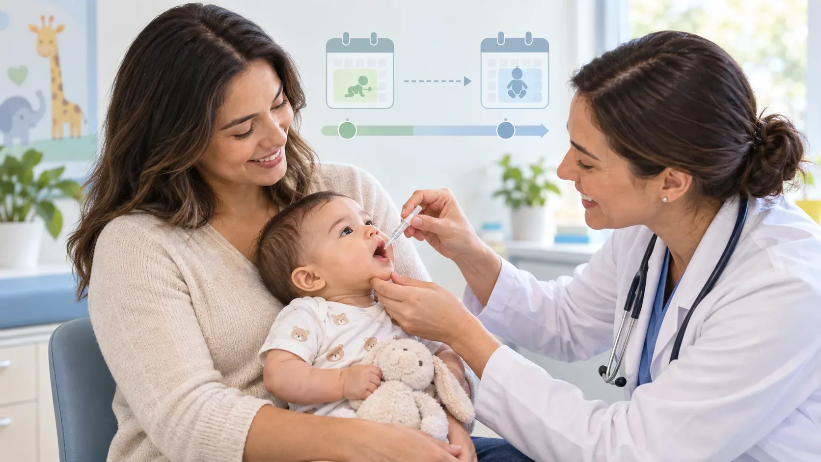 Bebê no colo da mãe recebe vacina oral de uma pediatra, com ícones de calendário e linha do tempo ao fundo.