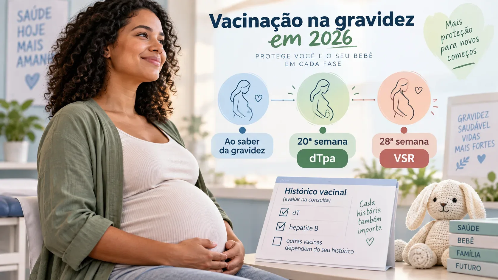 Gestante em ambiente de pré-natal ao lado de uma linha do tempo de vacinação de 2026, com marcos na 20ª semana para dTpa e na 28ª para VSR e um quadro de histórico vacinal.