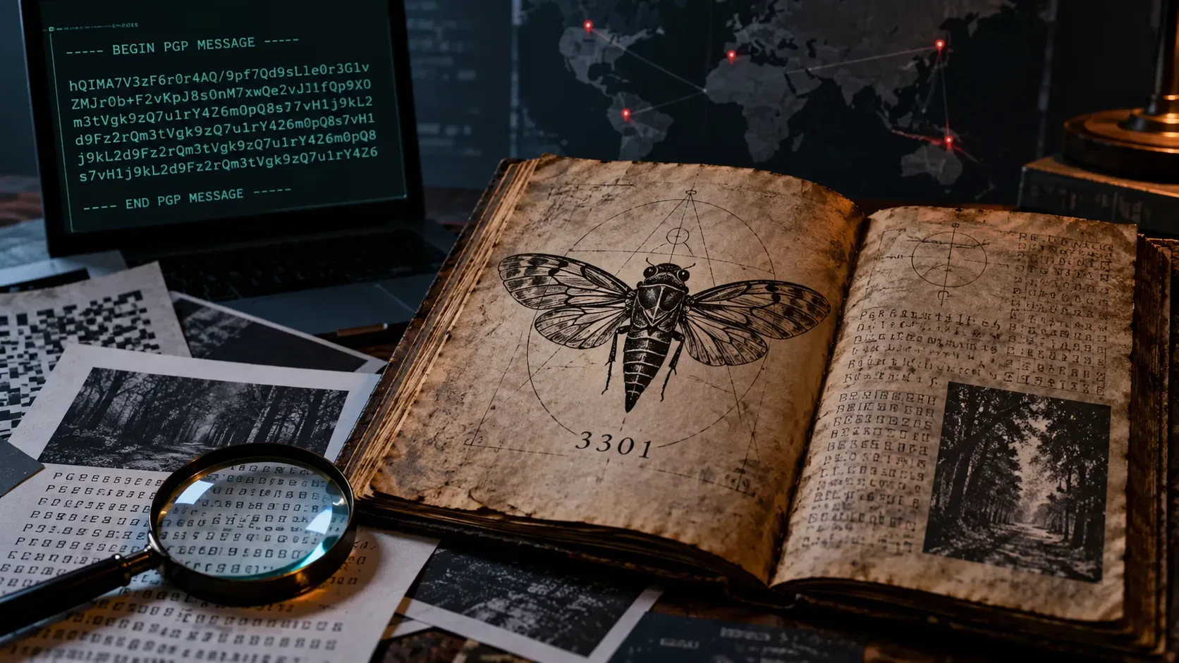 Livro antigo aberto com ilustração de uma cigarra e o número 3301, cercado por códigos, lupa, computador com mensagem PGP e mapa ao fundo.