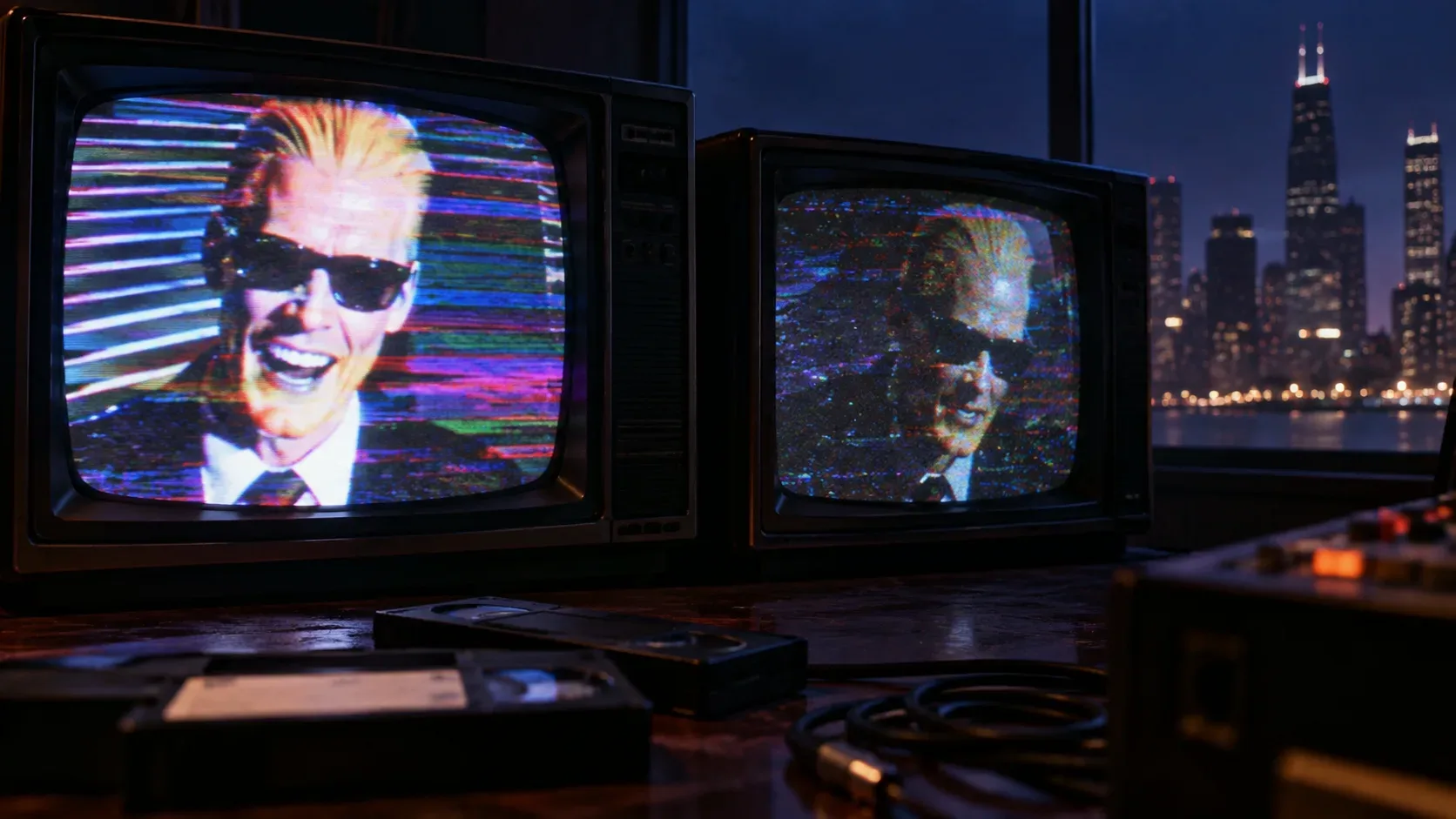 Dois televisores CRT exibem uma figura mascarada inspirada em Max Headroom em uma sala retrô, com interferência de vídeo e o skyline noturno de Chicago ao fundo.