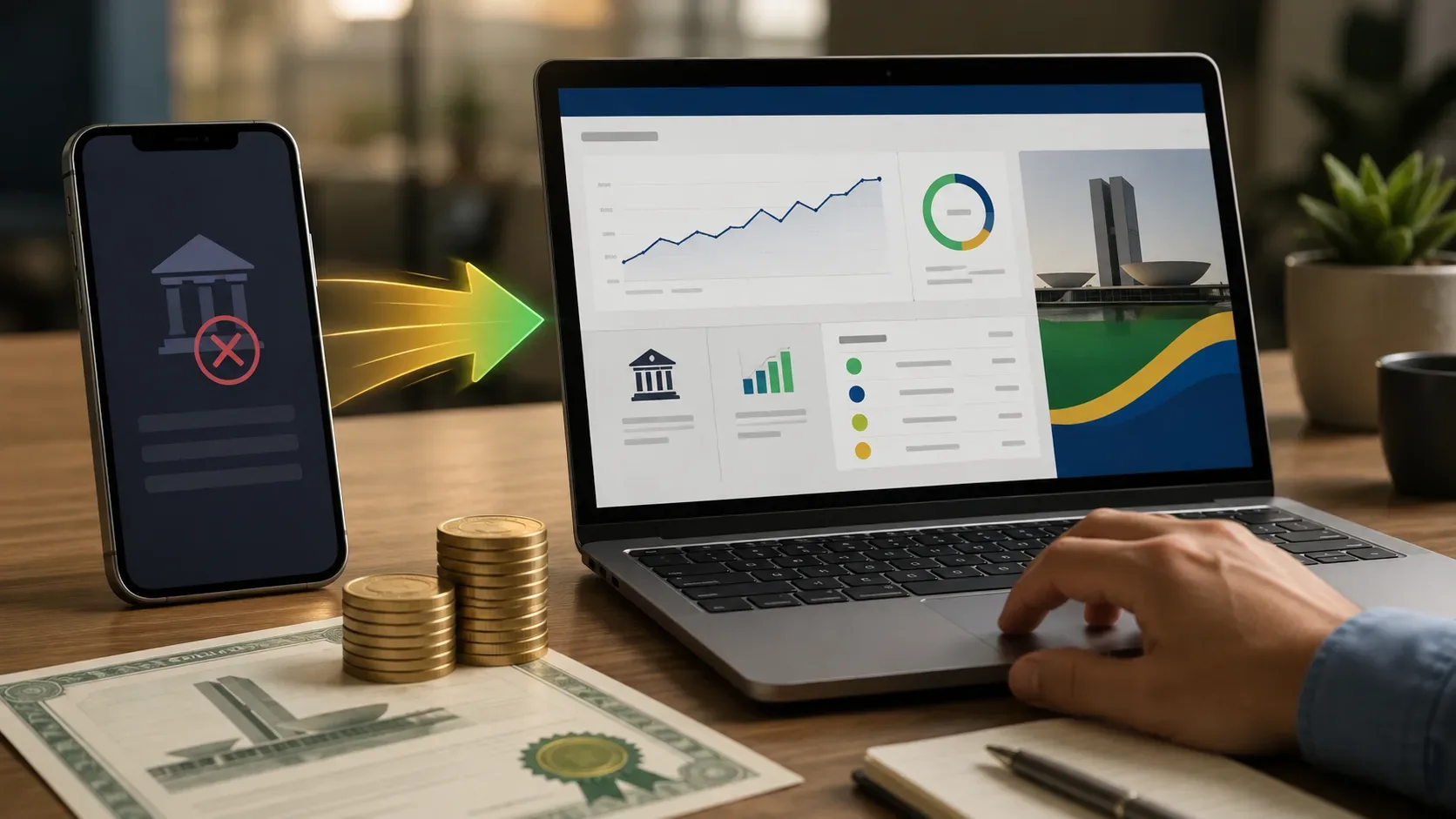 Celular com símbolo de aplicativo desativado ao lado de notebook com painel de investimentos, seta de transição, moedas e certificado financeiro.