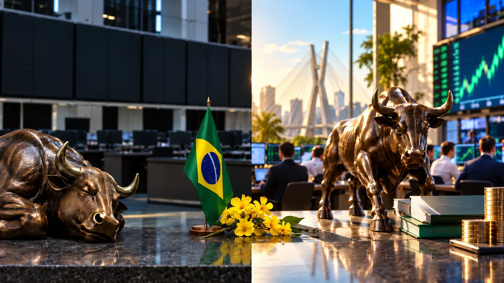 Cena dividida de mercado financeiro brasileiro: touro de bronze em repouso ao lado da bandeira do Brasil e flores amarelas à esquerda, e touro em pé diante de operadores, gráficos, livros e moedas à direita.