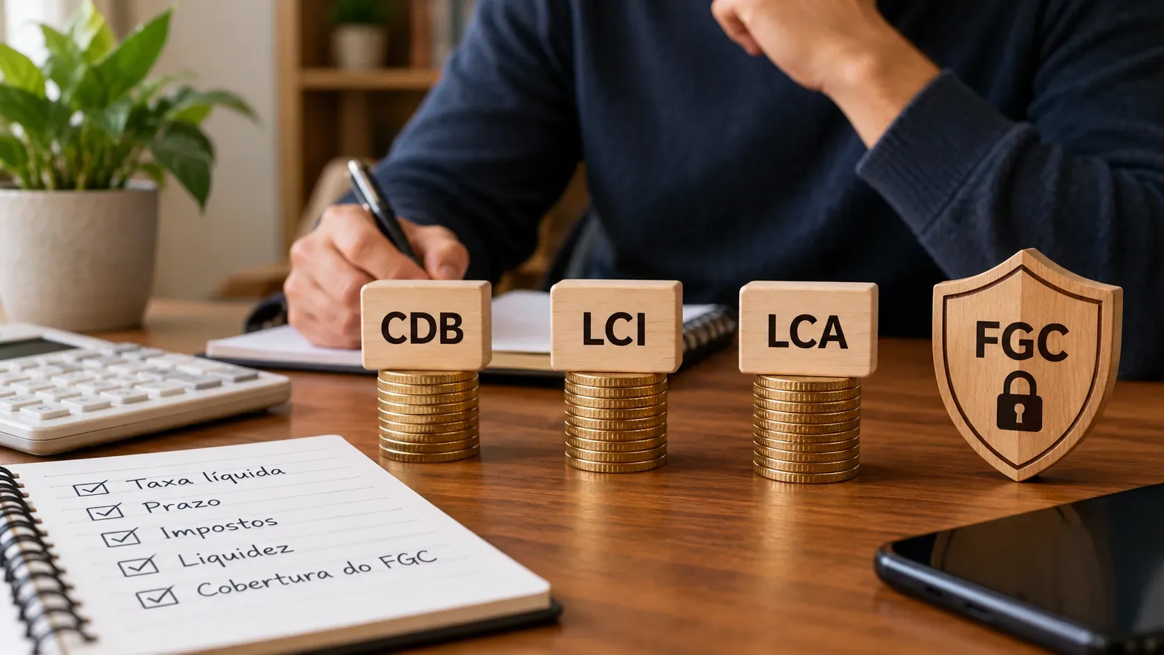 Pessoa compara CDB, LCI e LCA em uma mesa com pilhas de moedas, calculadora, anotações e um escudo do FGC.