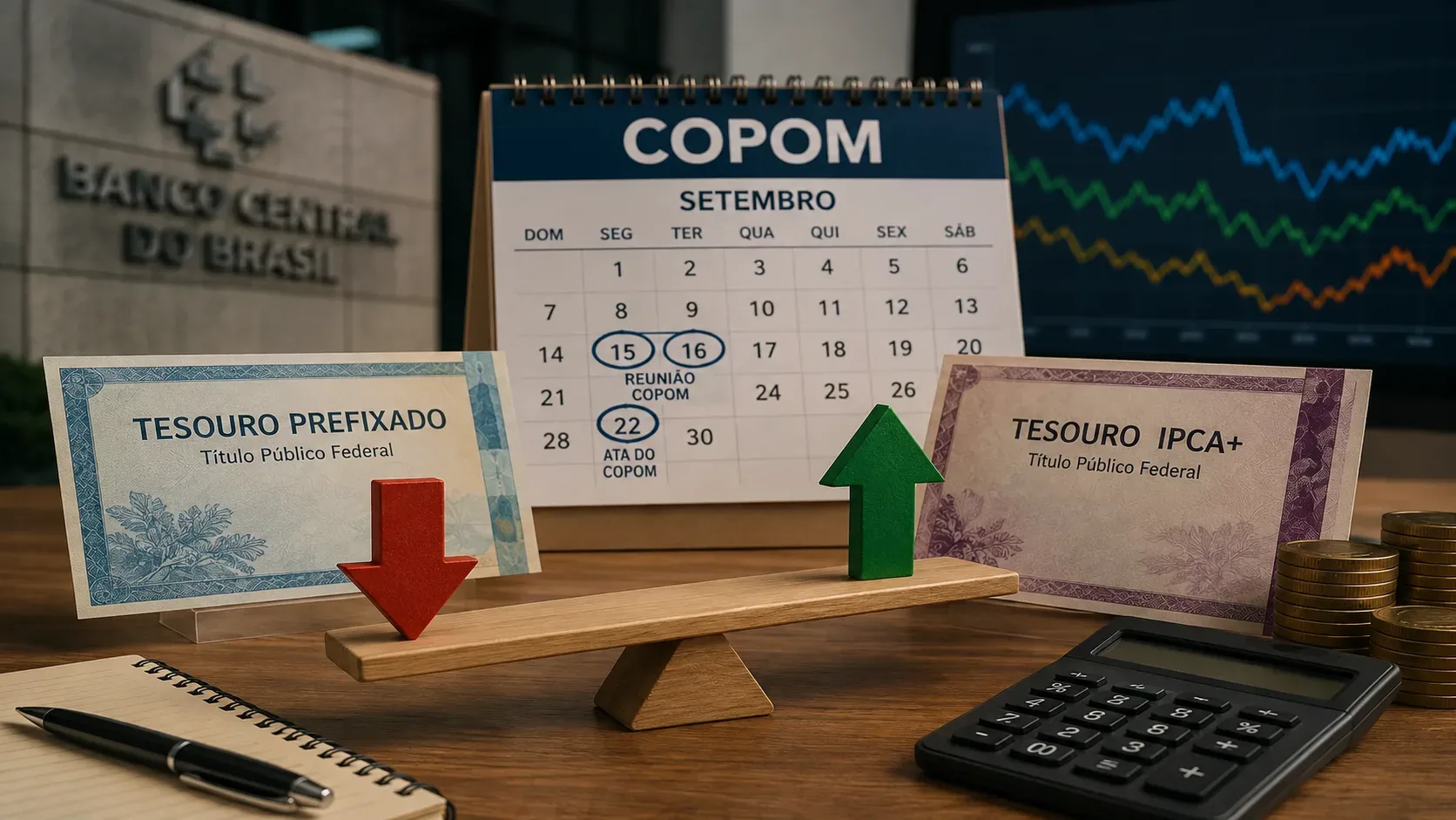 Balança de madeira com setas de queda e alta entre representações de Tesouro Prefixado e Tesouro IPCA+, diante de calendário do Copom de setembro e gráficos financeiros.