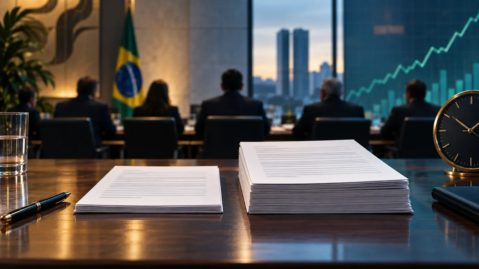 Sala de reunião institucional com bandeira do Brasil ao fundo, dois conjuntos de documentos sobre a mesa, gráfico financeiro e relógio.