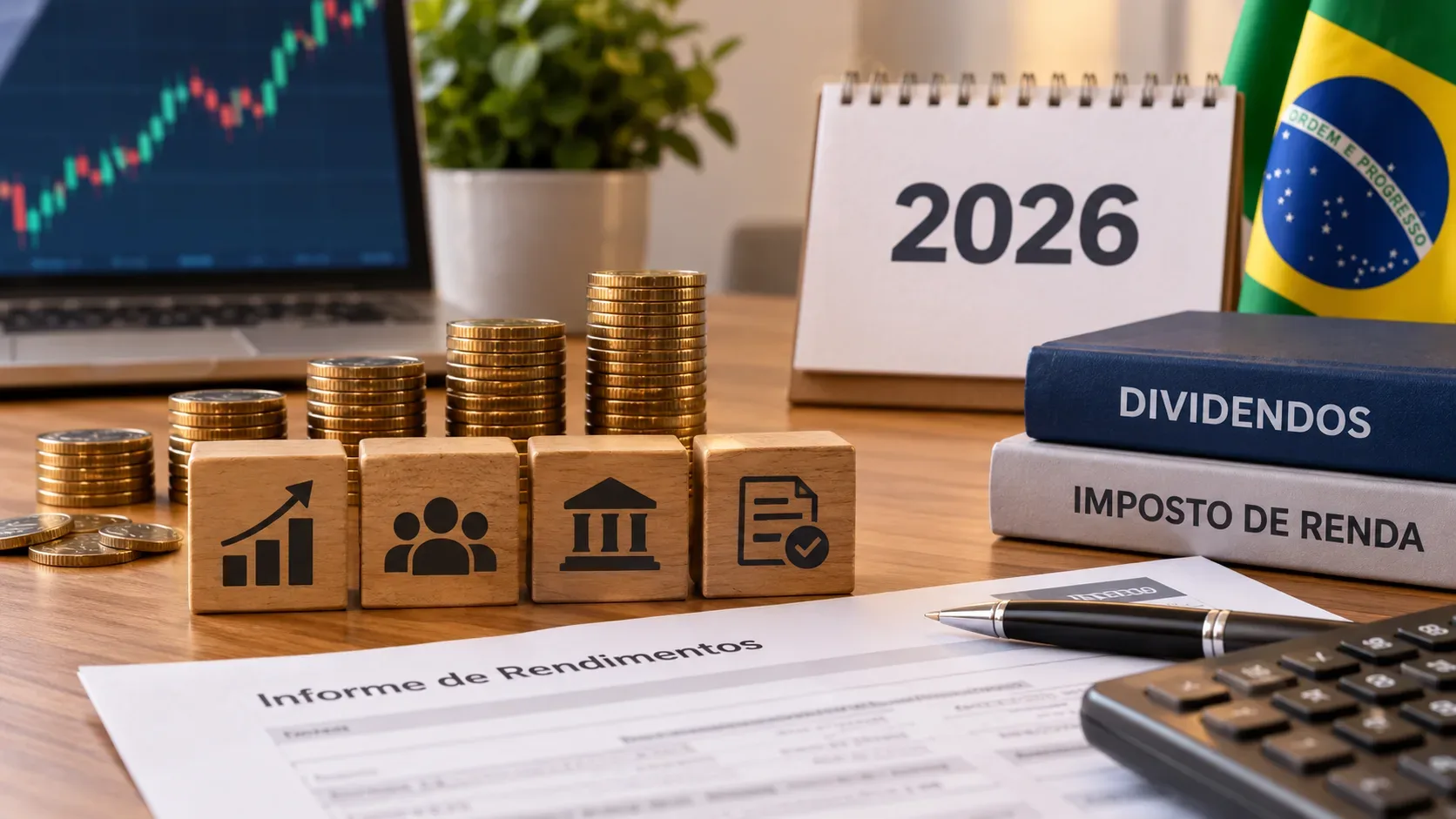 Mesa de escritório com pilhas de moedas, gráfico financeiro ao fundo, calendário de 2026, bandeira do Brasil, livros sobre dividendos e imposto de renda e um informe de rendimentos.