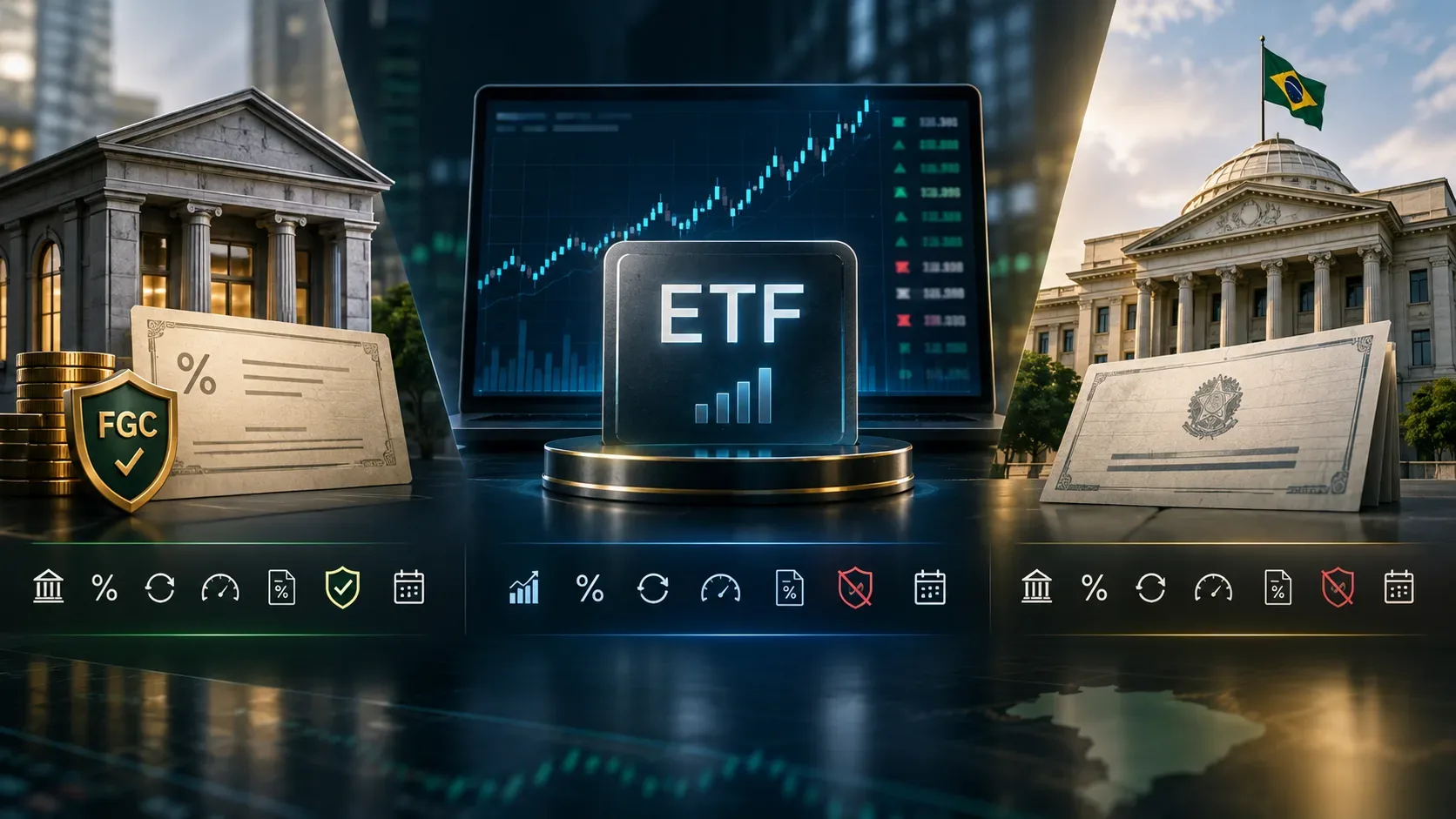 Composição comparativa com banco e escudo FGC à esquerda, bloco ETF diante de gráfico financeiro no centro e edifício público brasileiro com título à direita.