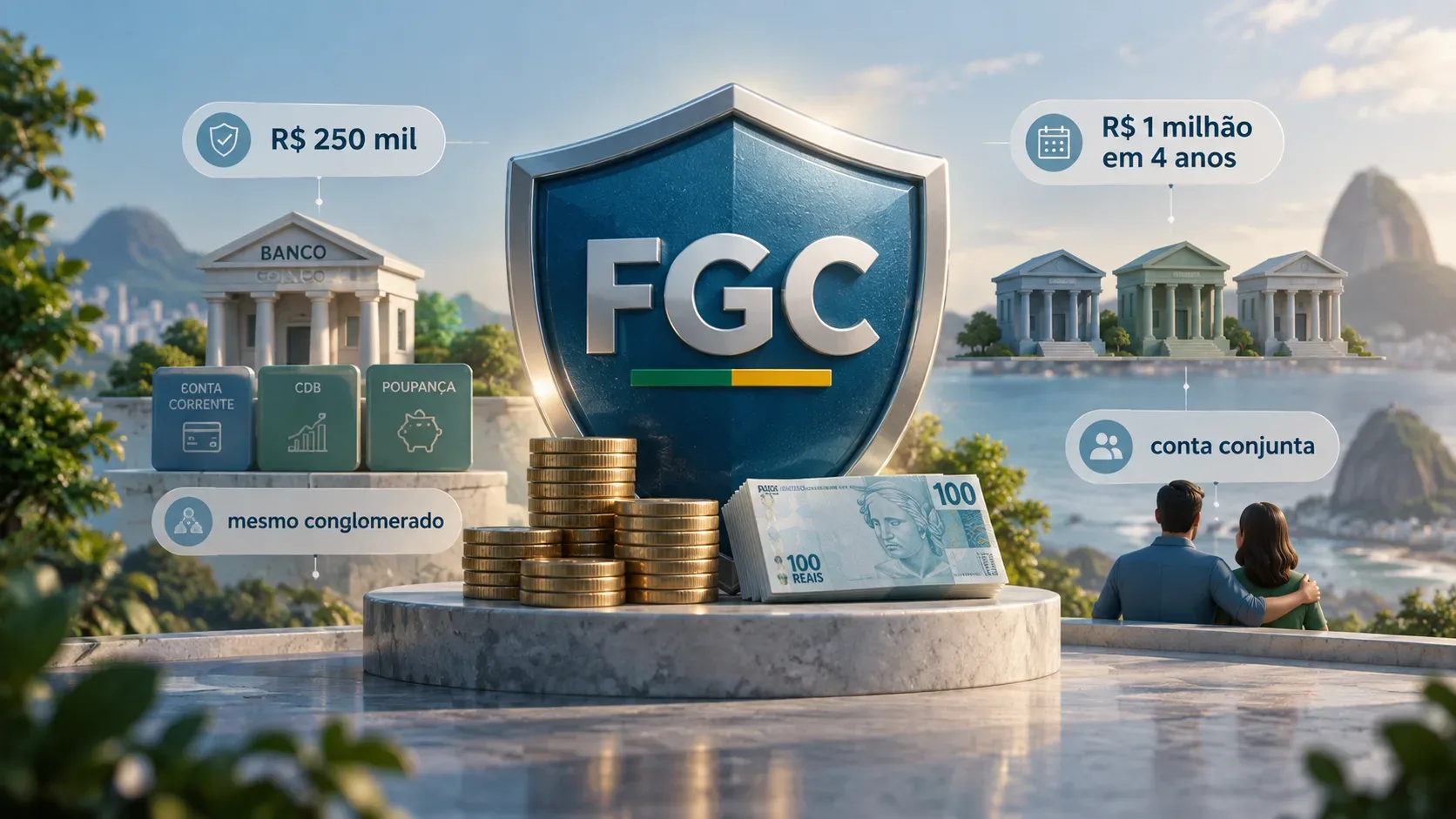 Escudo azul com as letras FGC ao centro, cercado por bancos, moedas e cédulas, com referências visuais aos limites de R$ 250 mil, R$ 1 milhão em quatro anos, mesmo conglomerado e conta conjunta.