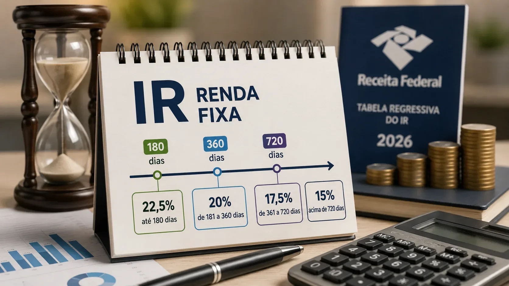 Calendário de mesa com linha do tempo do IR regressivo, ampulheta, moedas e calculadora sobre uma mesa.